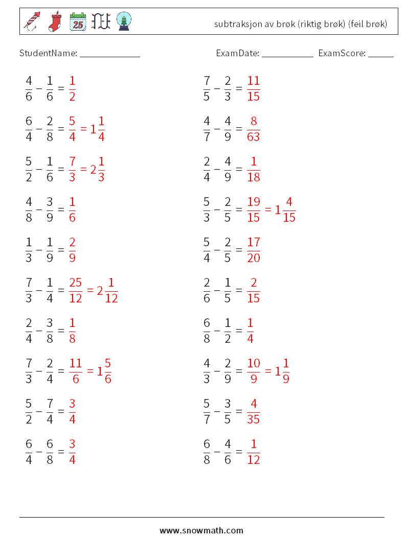 (20) subtraksjon av brøk (riktig brøk) (feil brøk) MathWorksheets 11 QuestionAnswer
