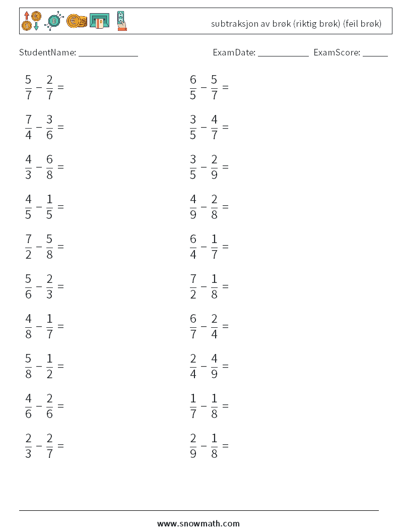 (20) subtraksjon av brøk (riktig brøk) (feil brøk) MathWorksheets 12