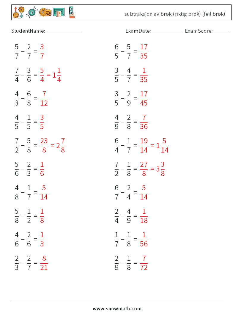 (20) subtraksjon av brøk (riktig brøk) (feil brøk) MathWorksheets 12 QuestionAnswer