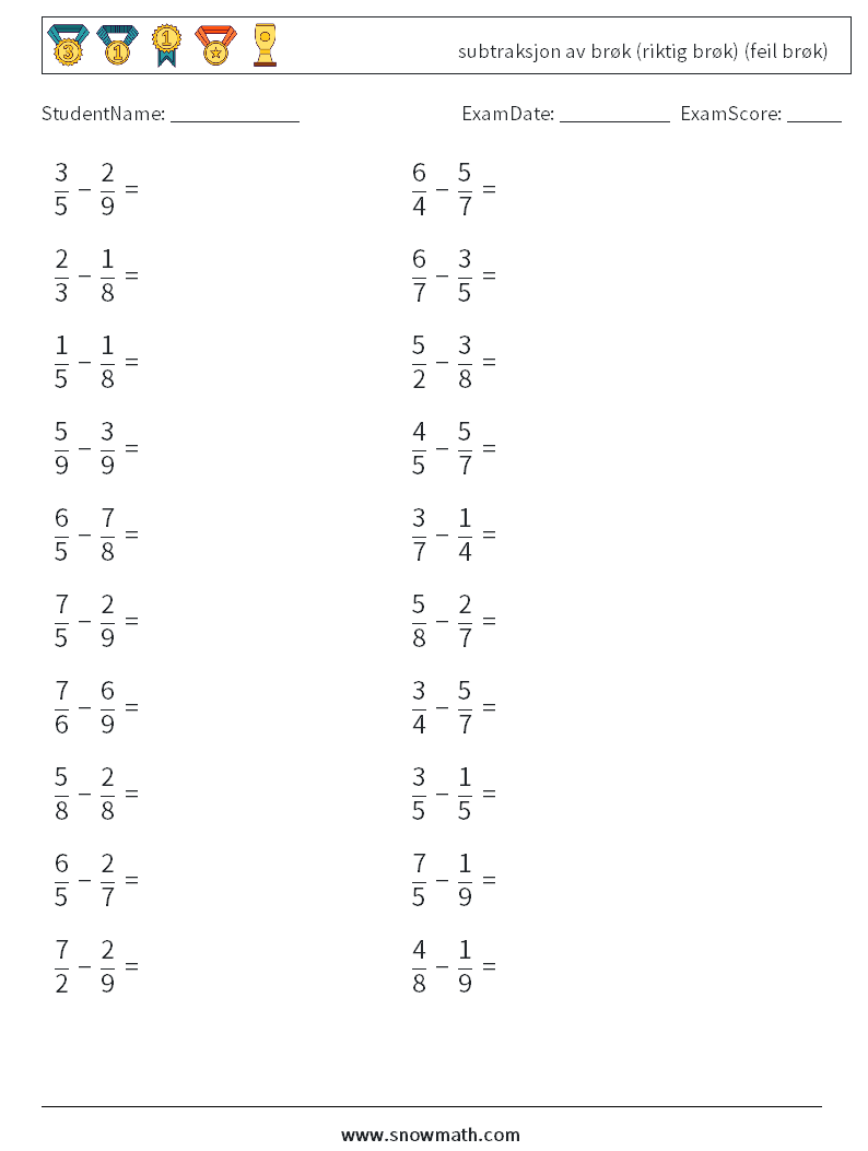 (20) subtraksjon av brøk (riktig brøk) (feil brøk) MathWorksheets 13