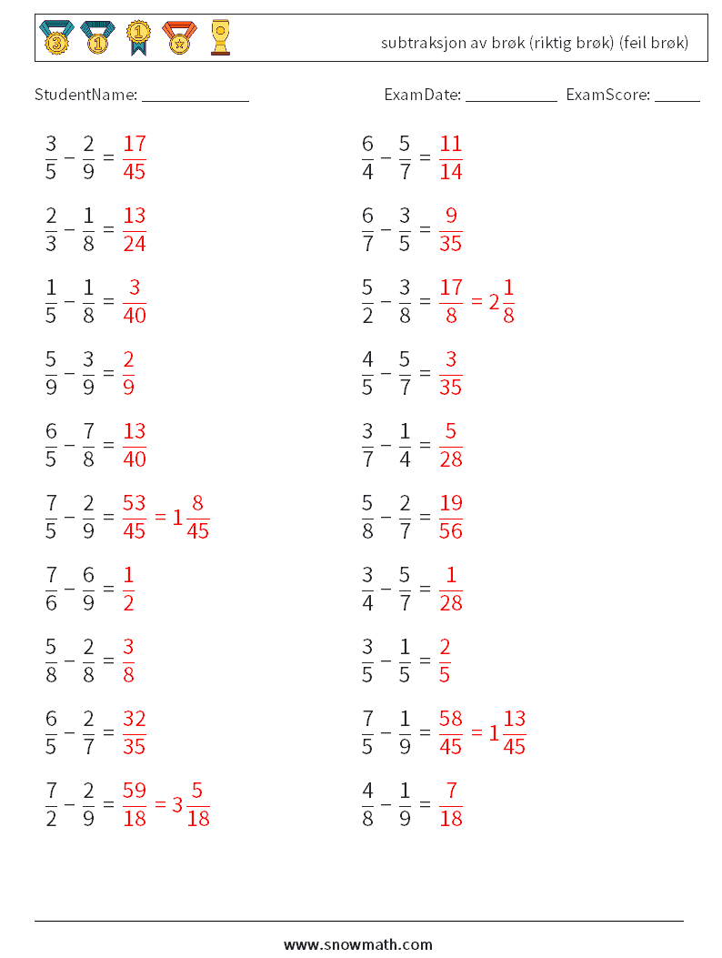 (20) subtraksjon av brøk (riktig brøk) (feil brøk) MathWorksheets 13 QuestionAnswer