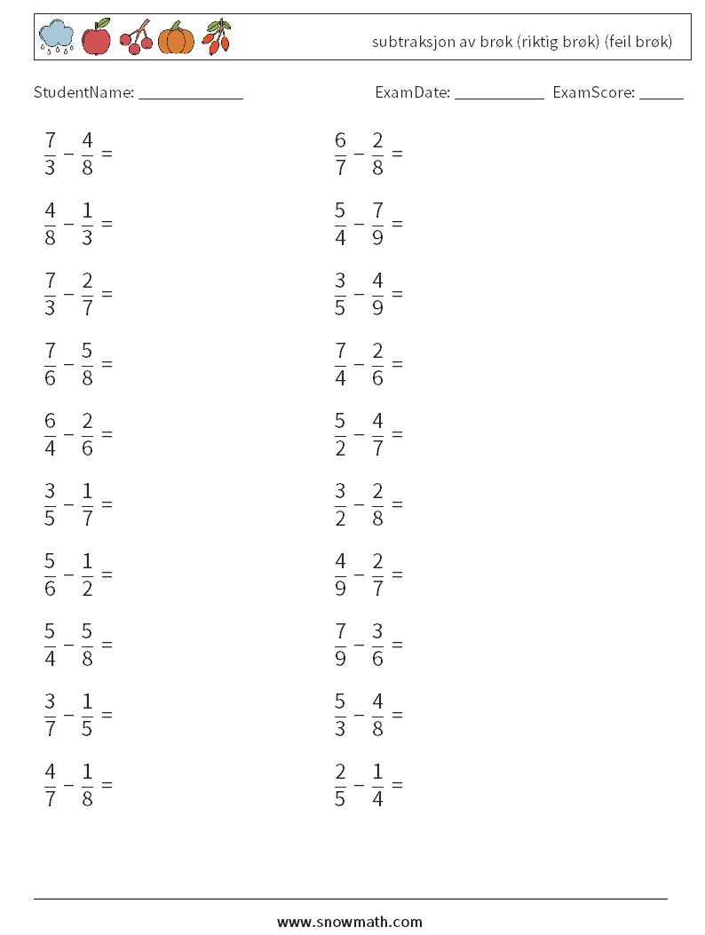 (20) subtraksjon av brøk (riktig brøk) (feil brøk) MathWorksheets 14