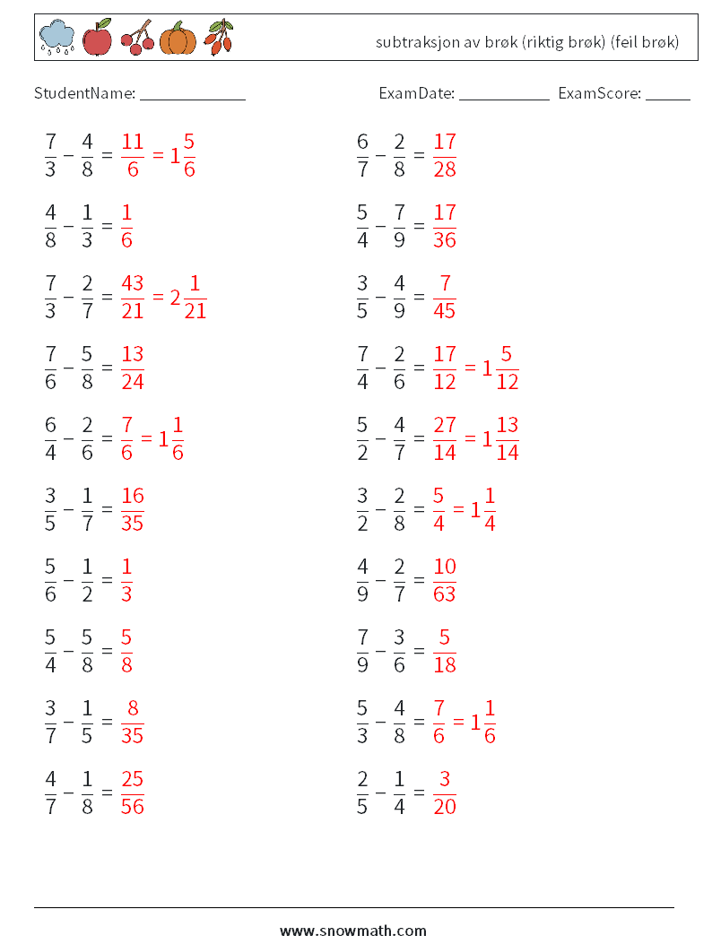 (20) subtraksjon av brøk (riktig brøk) (feil brøk) MathWorksheets 14 QuestionAnswer