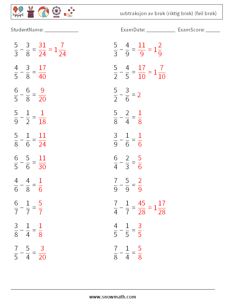 (20) subtraksjon av brøk (riktig brøk) (feil brøk) MathWorksheets 15 QuestionAnswer