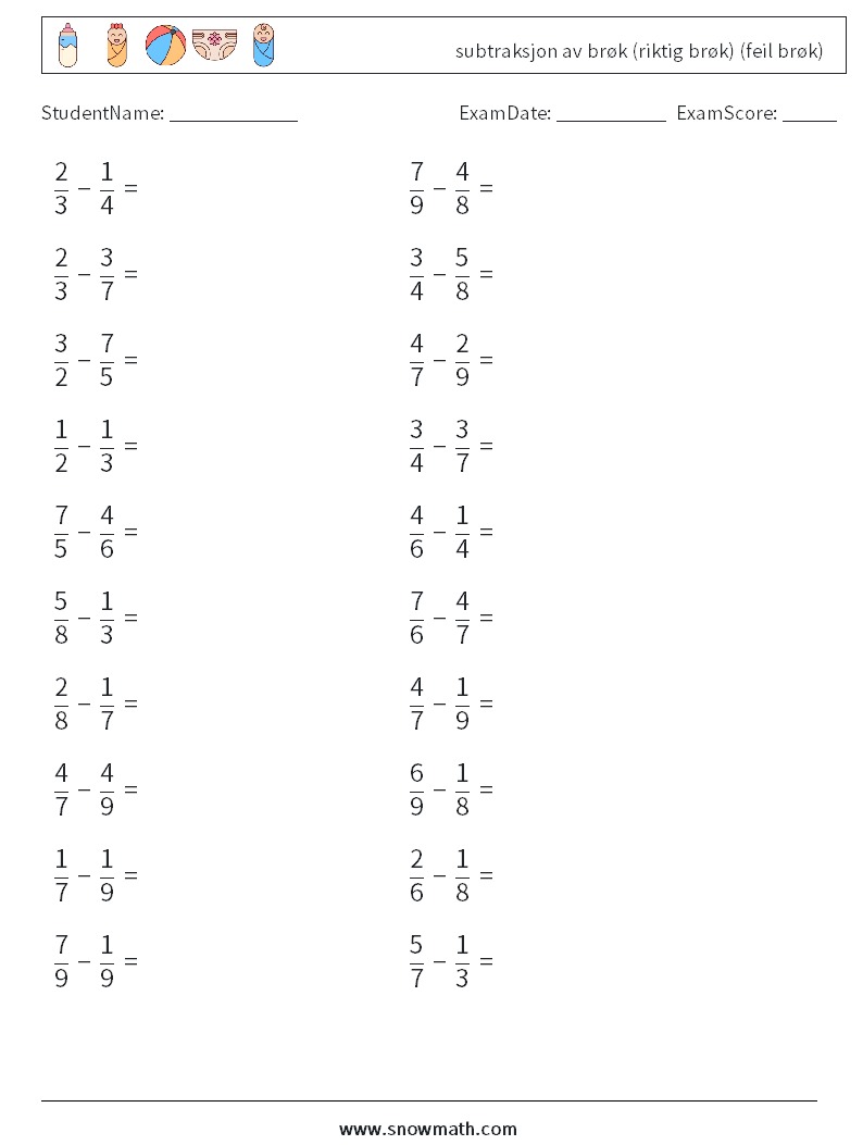 (20) subtraksjon av brøk (riktig brøk) (feil brøk) MathWorksheets 16