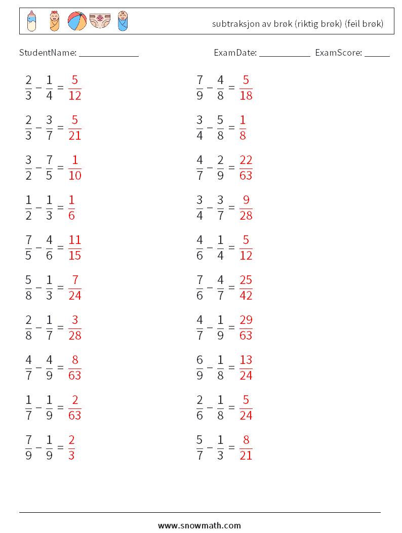 (20) subtraksjon av brøk (riktig brøk) (feil brøk) MathWorksheets 16 QuestionAnswer