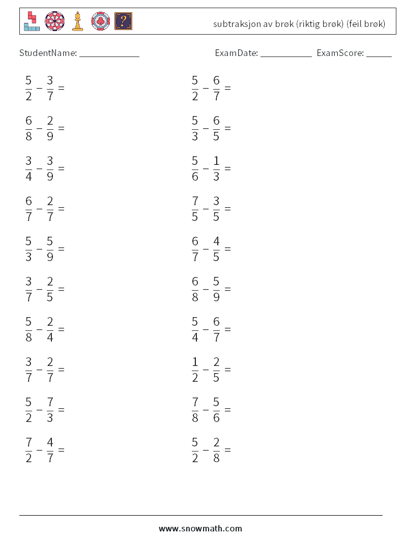 (20) subtraksjon av brøk (riktig brøk) (feil brøk) MathWorksheets 17
