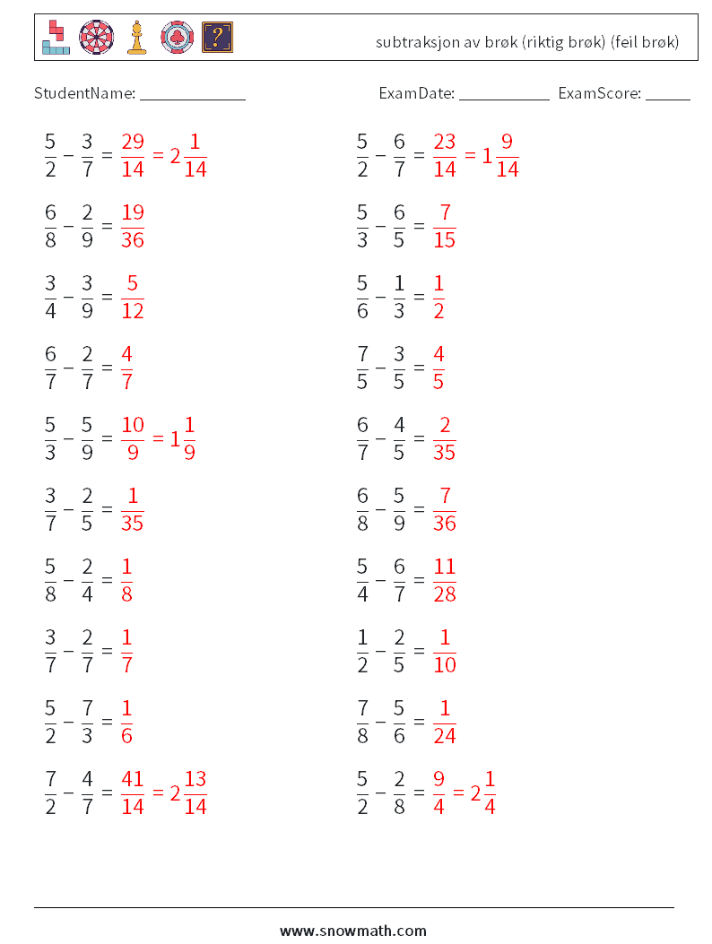 (20) subtraksjon av brøk (riktig brøk) (feil brøk) MathWorksheets 17 QuestionAnswer