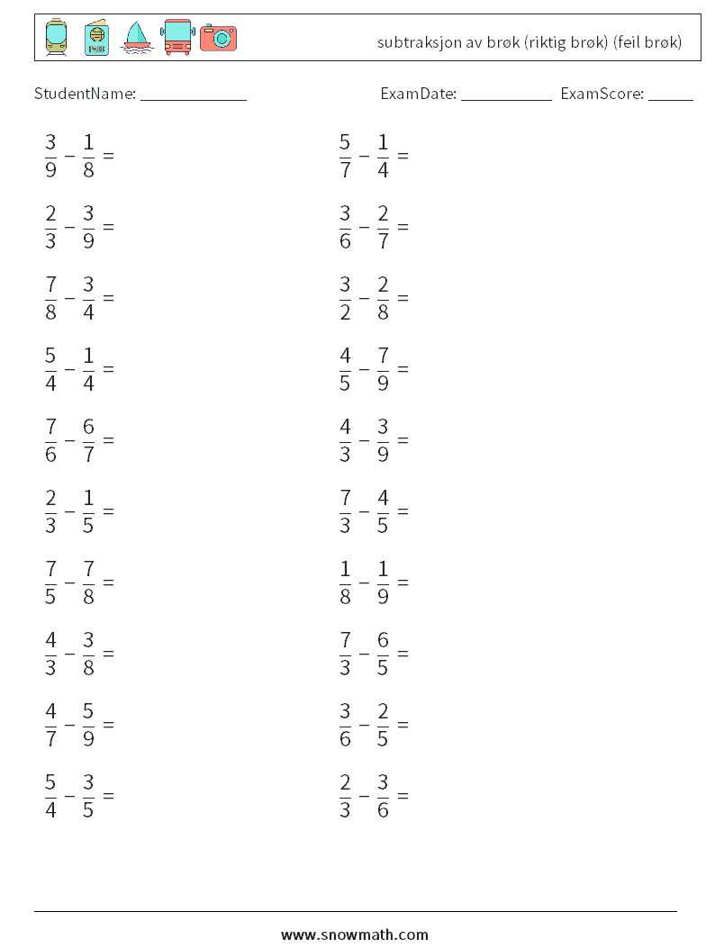 (20) subtraksjon av brøk (riktig brøk) (feil brøk) MathWorksheets 18