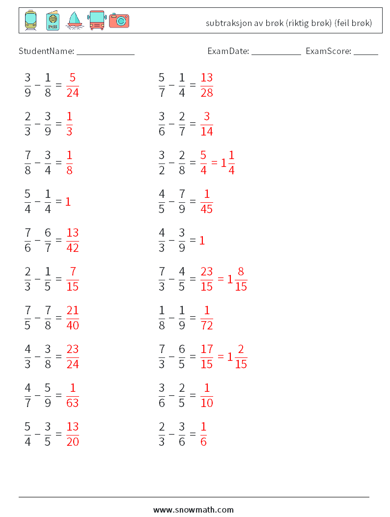 (20) subtraksjon av brøk (riktig brøk) (feil brøk) MathWorksheets 18 QuestionAnswer