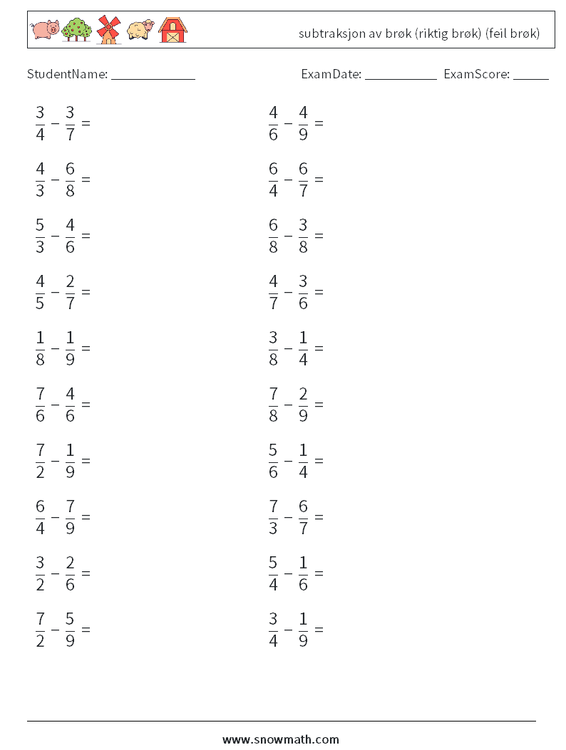 (20) subtraksjon av brøk (riktig brøk) (feil brøk) MathWorksheets 2