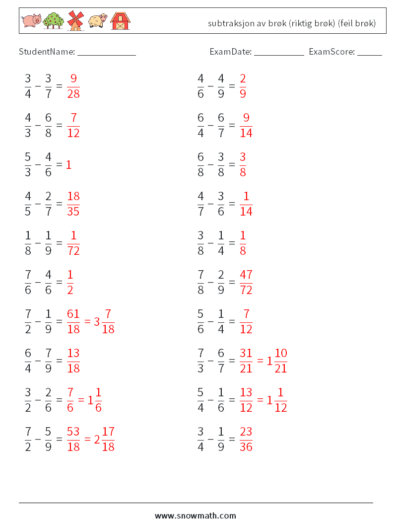 (20) subtraksjon av brøk (riktig brøk) (feil brøk) MathWorksheets 2 QuestionAnswer