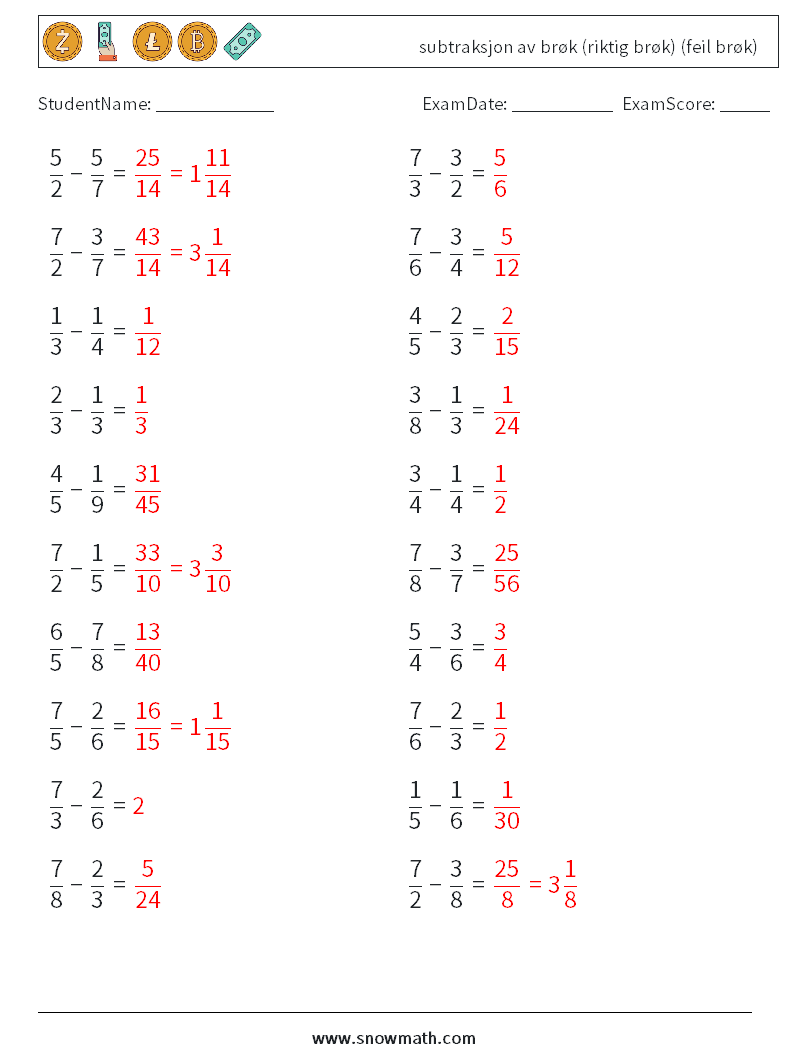 (20) subtraksjon av brøk (riktig brøk) (feil brøk) MathWorksheets 3 QuestionAnswer