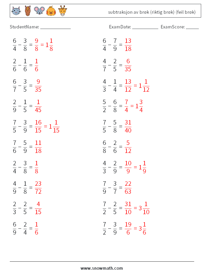 (20) subtraksjon av brøk (riktig brøk) (feil brøk) MathWorksheets 4 QuestionAnswer