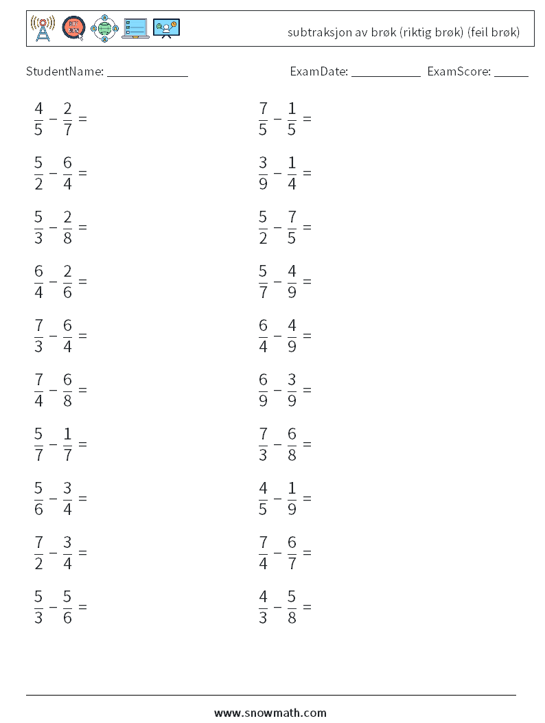 (20) subtraksjon av brøk (riktig brøk) (feil brøk) MathWorksheets 5