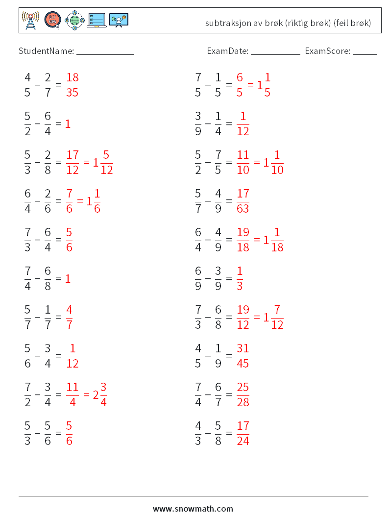 (20) subtraksjon av brøk (riktig brøk) (feil brøk) MathWorksheets 5 QuestionAnswer