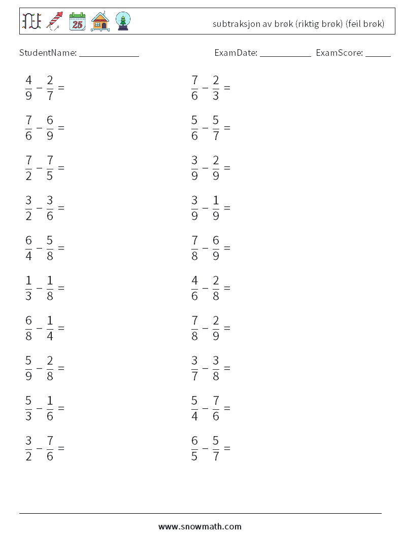 (20) subtraksjon av brøk (riktig brøk) (feil brøk) MathWorksheets 6