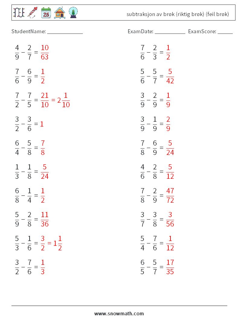 (20) subtraksjon av brøk (riktig brøk) (feil brøk) MathWorksheets 6 QuestionAnswer