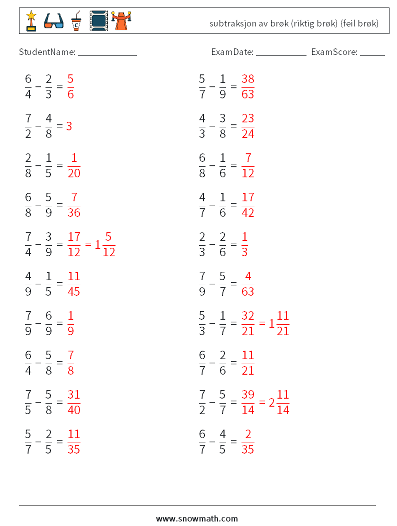 (20) subtraksjon av brøk (riktig brøk) (feil brøk) MathWorksheets 7 QuestionAnswer