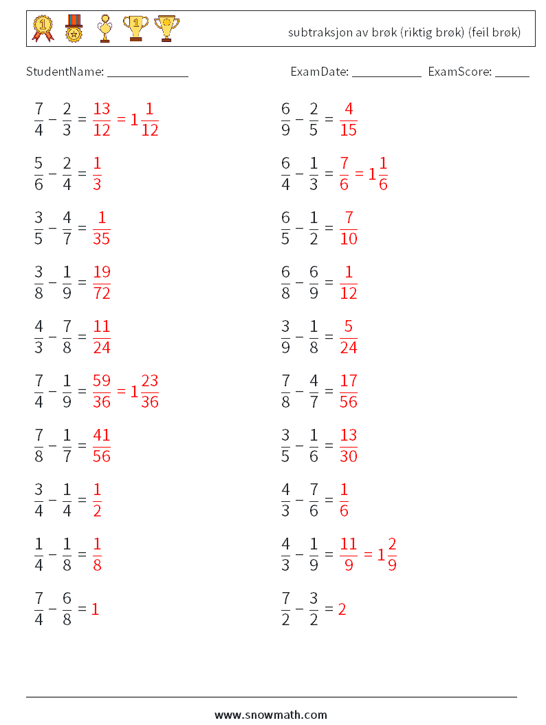(20) subtraksjon av brøk (riktig brøk) (feil brøk) MathWorksheets 8 QuestionAnswer
