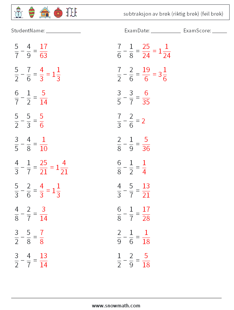 (20) subtraksjon av brøk (riktig brøk) (feil brøk) MathWorksheets 9 QuestionAnswer