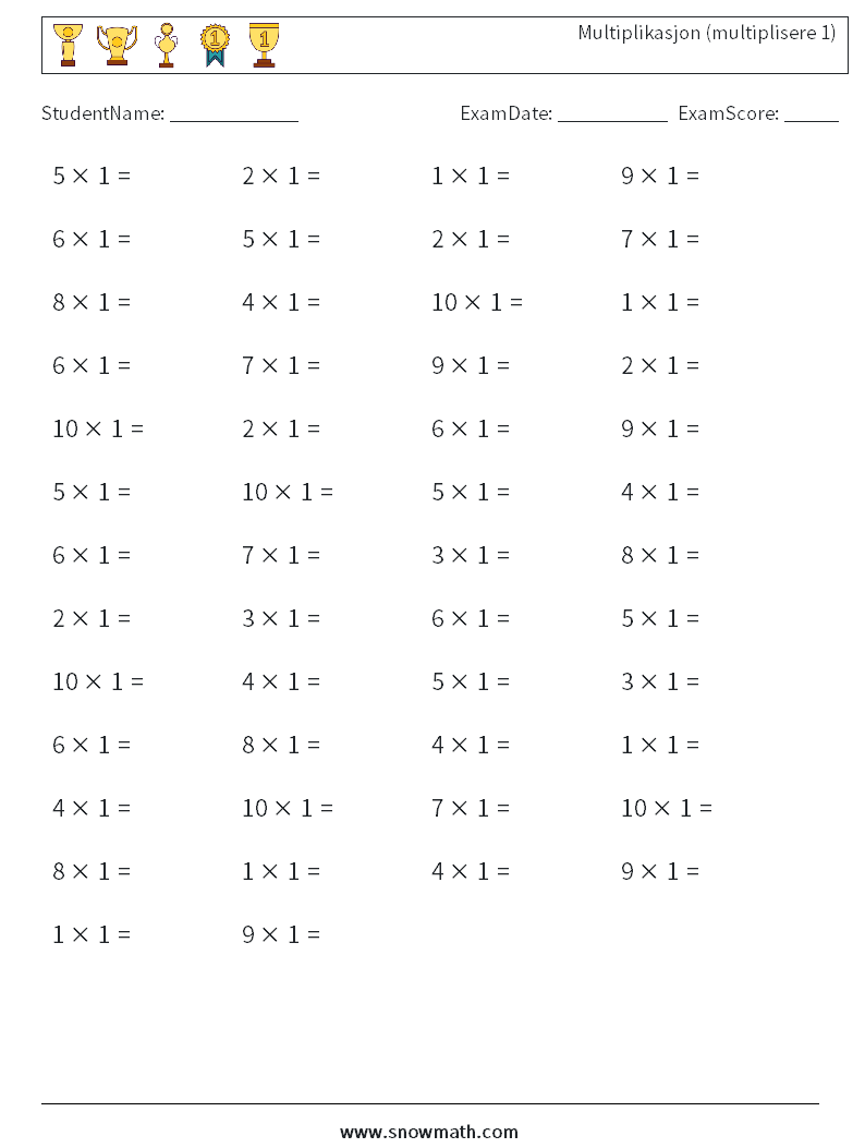 (50) Multiplikasjon (multiplisere 1) MathWorksheets 8