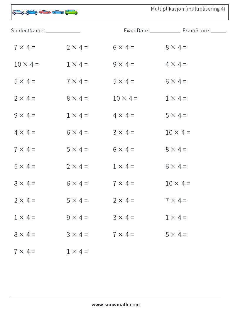 (50) Multiplikasjon (multiplisering 4) MathWorksheets 2