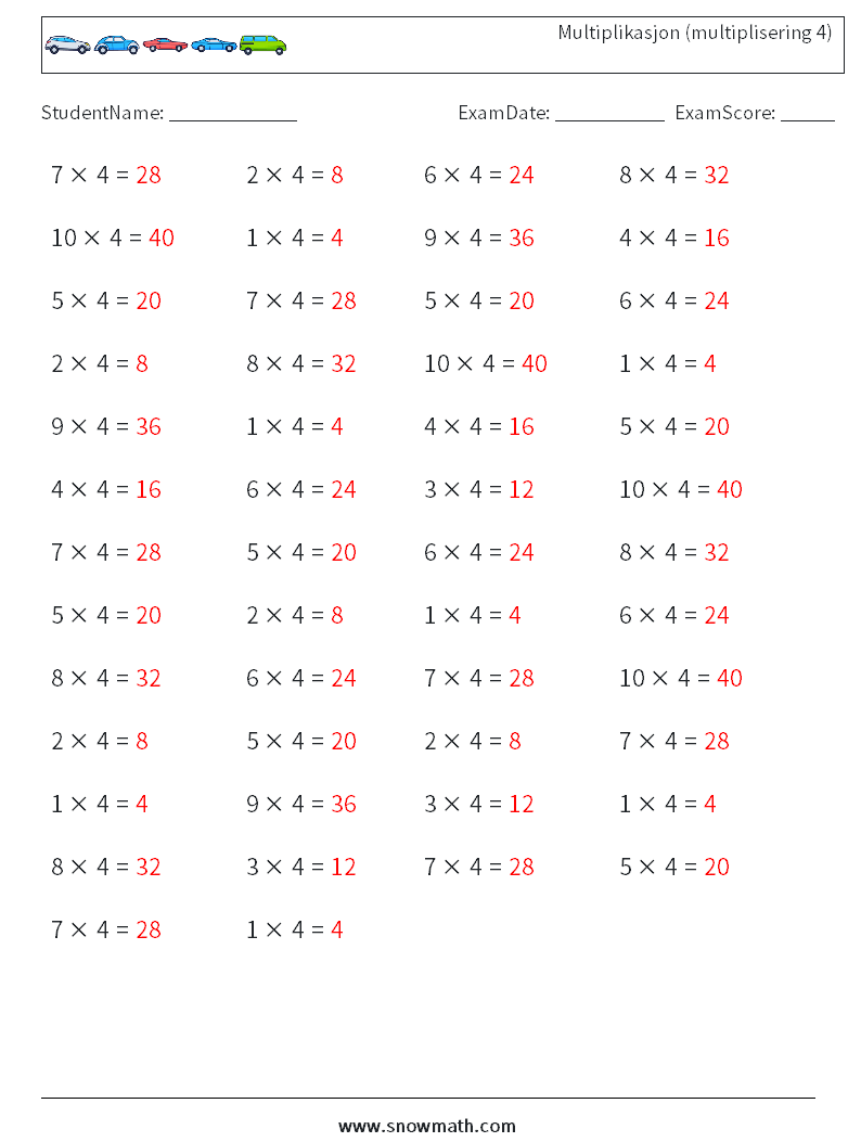 (50) Multiplikasjon (multiplisering 4) MathWorksheets 2 QuestionAnswer