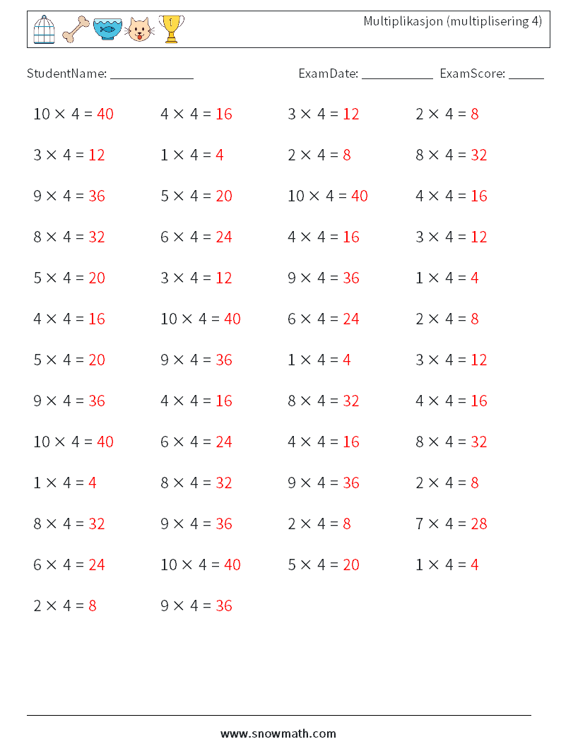 (50) Multiplikasjon (multiplisering 4) MathWorksheets 3 QuestionAnswer