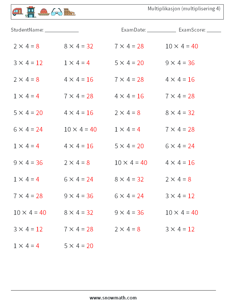 (50) Multiplikasjon (multiplisering 4) MathWorksheets 5 QuestionAnswer