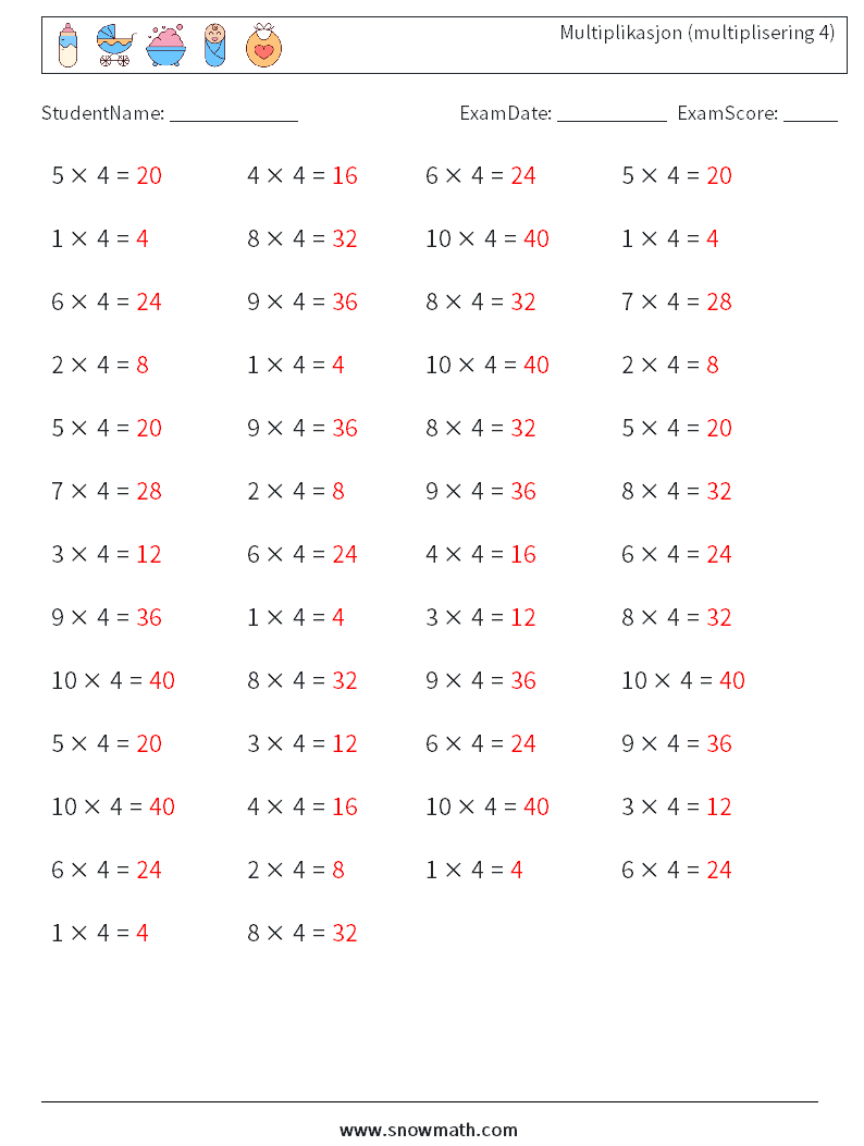 (50) Multiplikasjon (multiplisering 4) MathWorksheets 6 QuestionAnswer