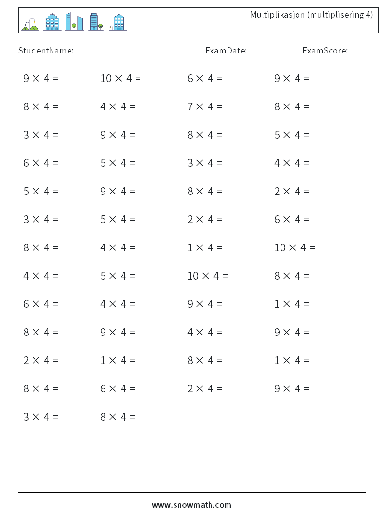 (50) Multiplikasjon (multiplisering 4) MathWorksheets 7