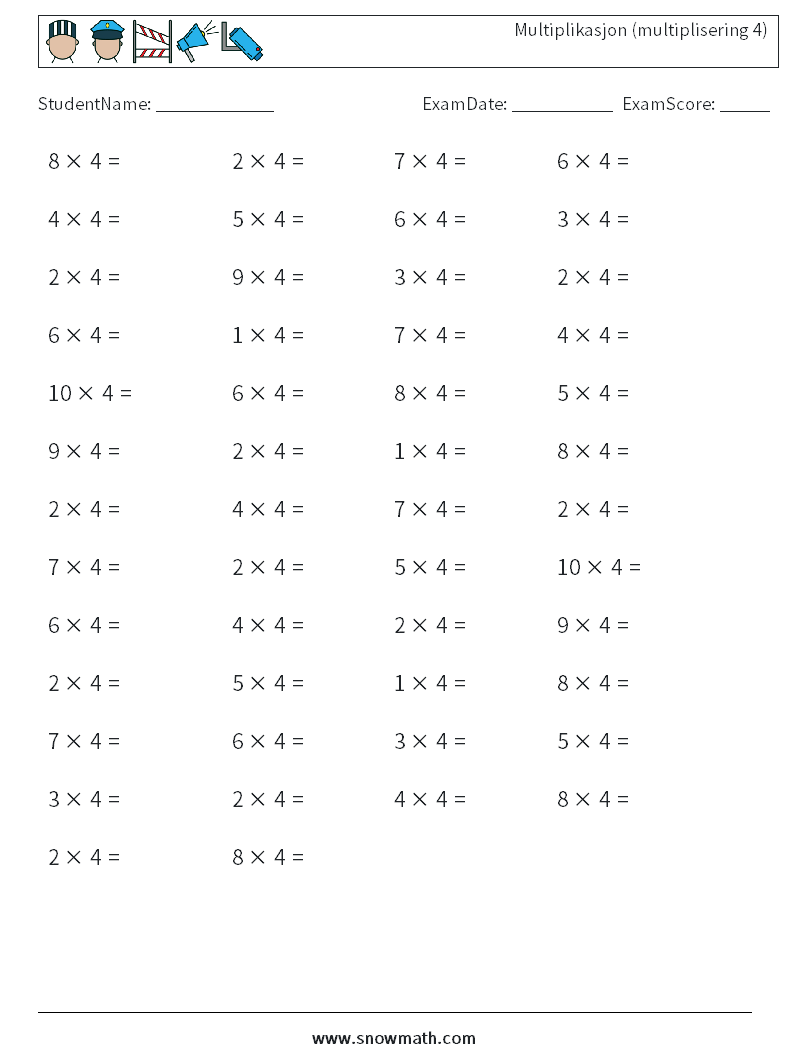 (50) Multiplikasjon (multiplisering 4) MathWorksheets 8