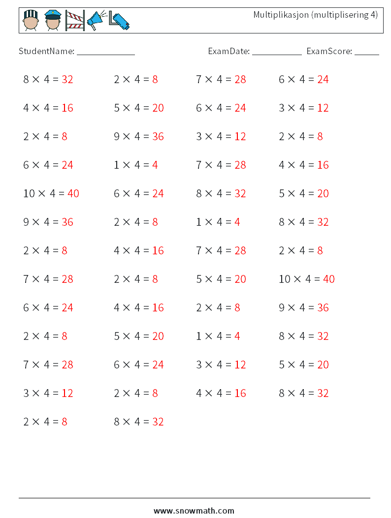 (50) Multiplikasjon (multiplisering 4) MathWorksheets 8 QuestionAnswer