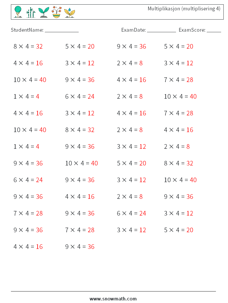 (50) Multiplikasjon (multiplisering 4) MathWorksheets 9 QuestionAnswer