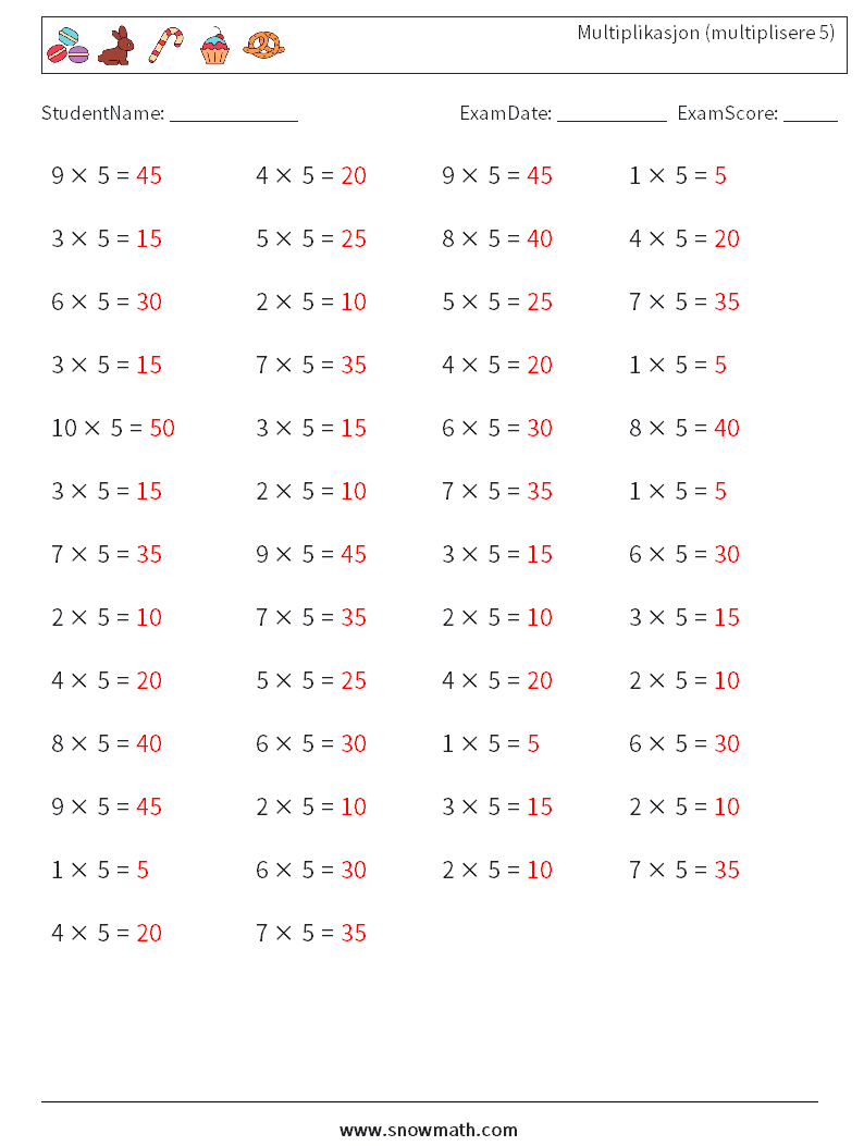 (50) Multiplikasjon (multiplisere 5) MathWorksheets 1 QuestionAnswer