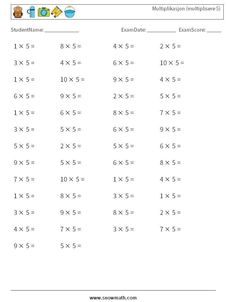 (50) Multiplikasjon (multiplisere 5) MathWorksheets 2