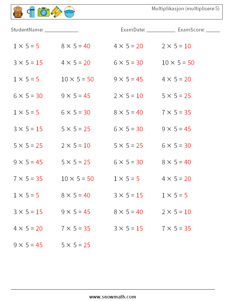(50) Multiplikasjon (multiplisere 5) MathWorksheets 2 QuestionAnswer