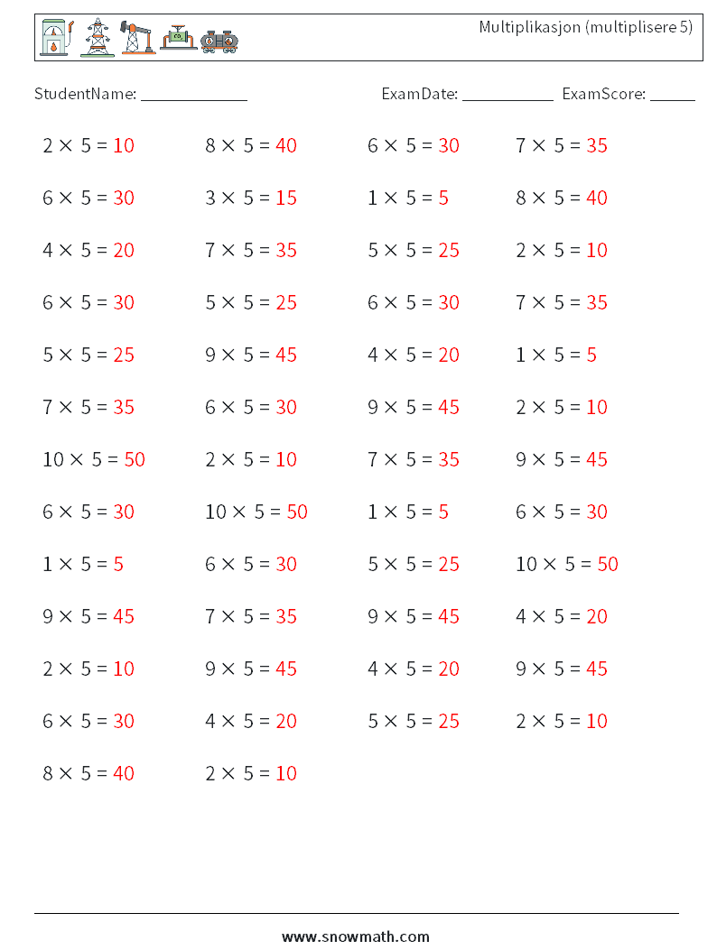 (50) Multiplikasjon (multiplisere 5) MathWorksheets 3 QuestionAnswer