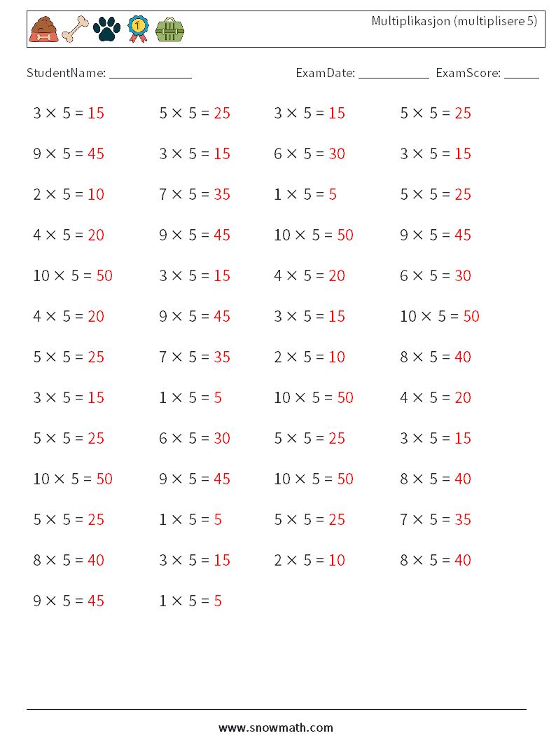 (50) Multiplikasjon (multiplisere 5) MathWorksheets 7 QuestionAnswer
