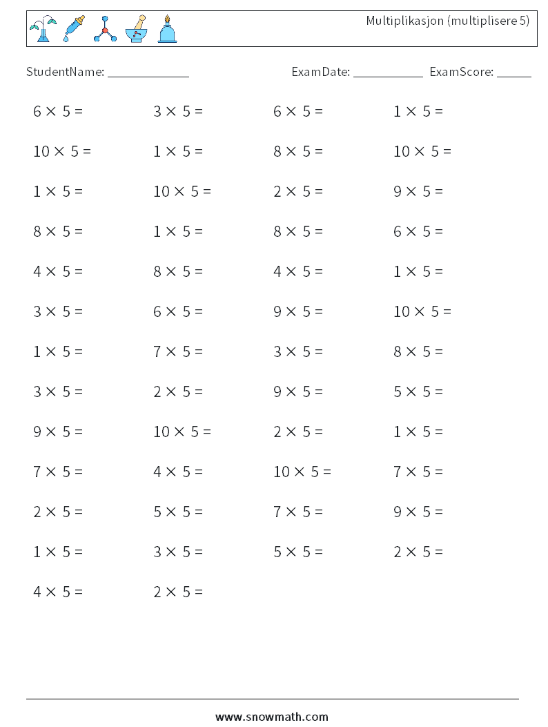 (50) Multiplikasjon (multiplisere 5) MathWorksheets 9