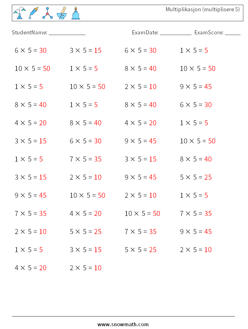 (50) Multiplikasjon (multiplisere 5) MathWorksheets 9 QuestionAnswer