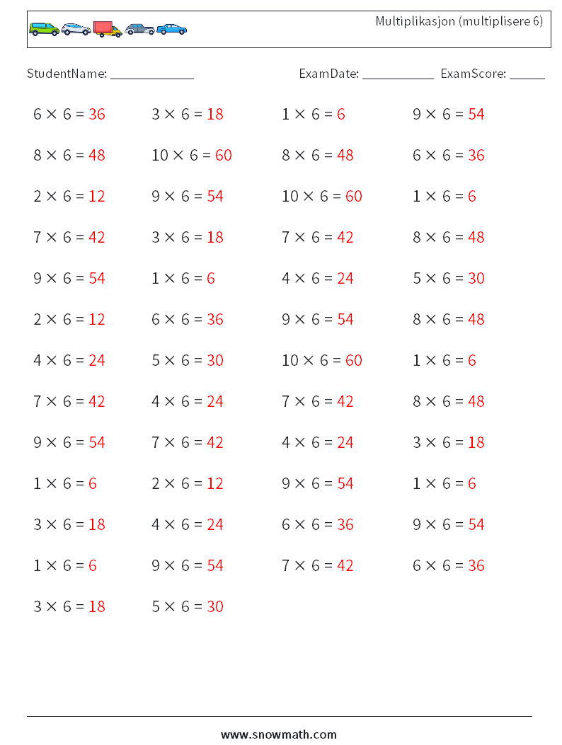 (50) Multiplikasjon (multiplisere 6) MathWorksheets 1 QuestionAnswer