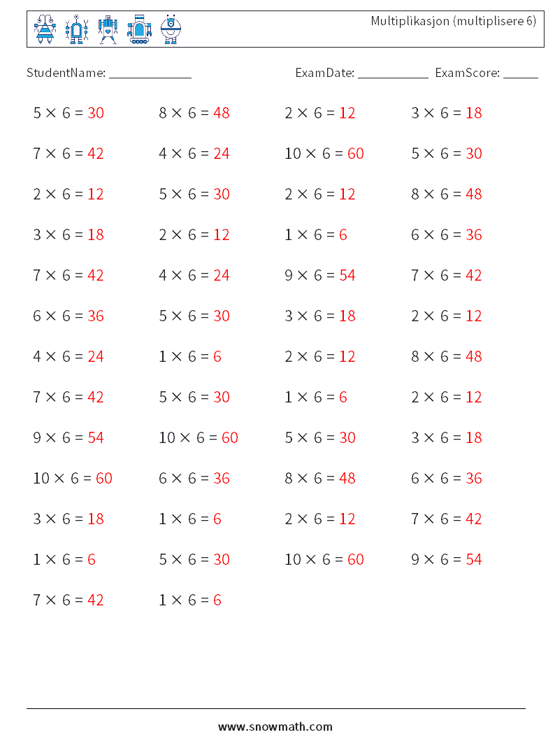 (50) Multiplikasjon (multiplisere 6) MathWorksheets 2 QuestionAnswer