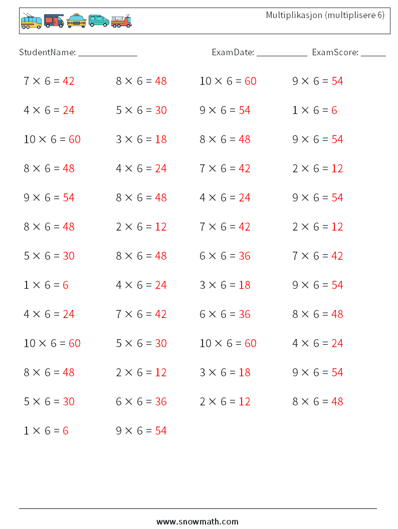 (50) Multiplikasjon (multiplisere 6) MathWorksheets 6 QuestionAnswer