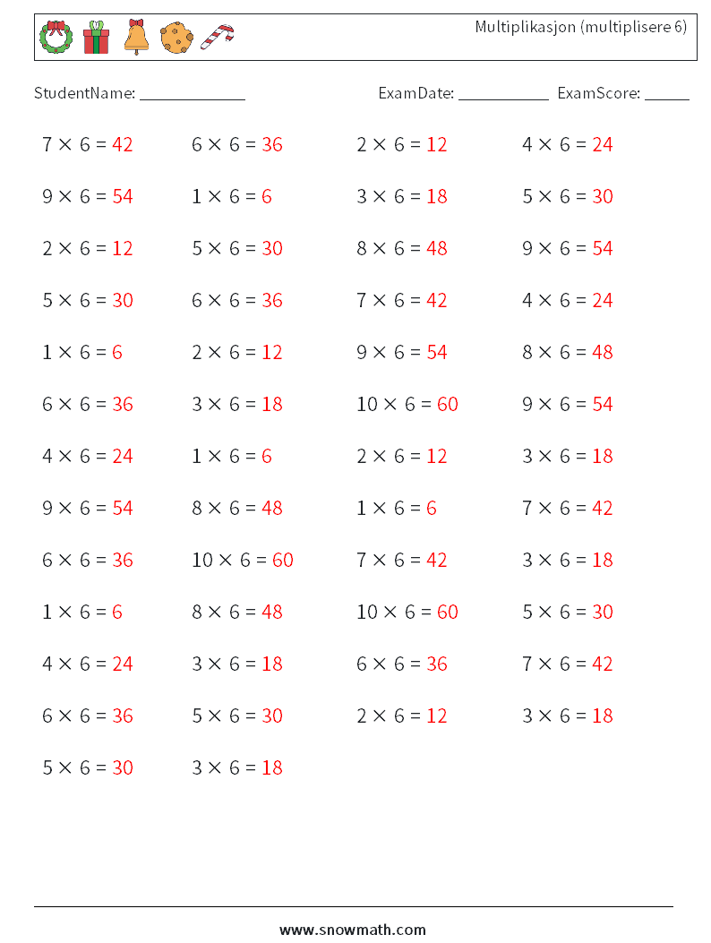 (50) Multiplikasjon (multiplisere 6) MathWorksheets 7 QuestionAnswer