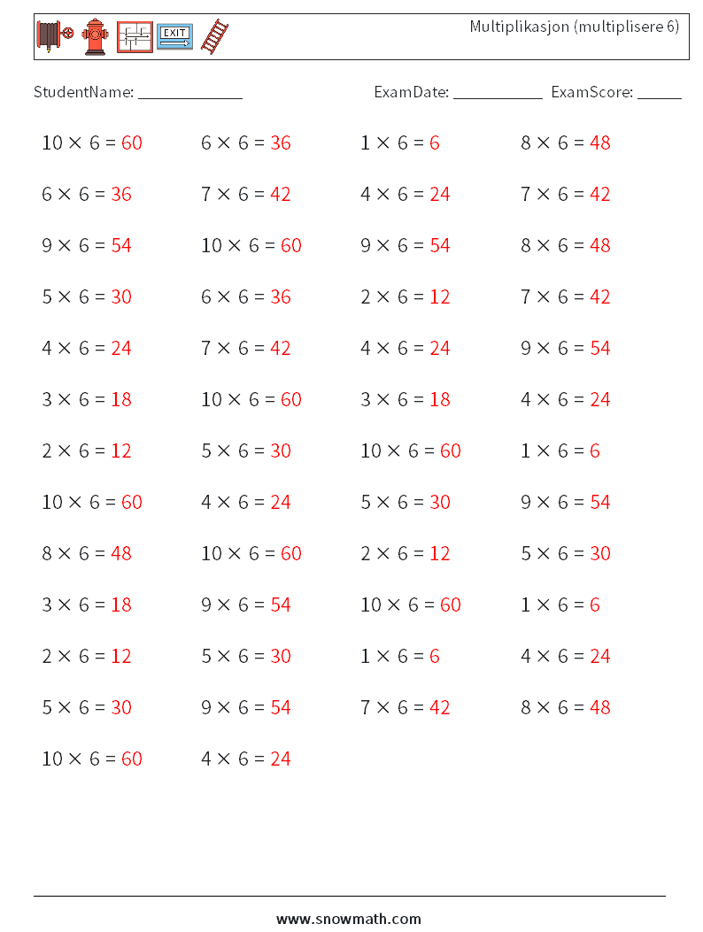 (50) Multiplikasjon (multiplisere 6) MathWorksheets 8 QuestionAnswer