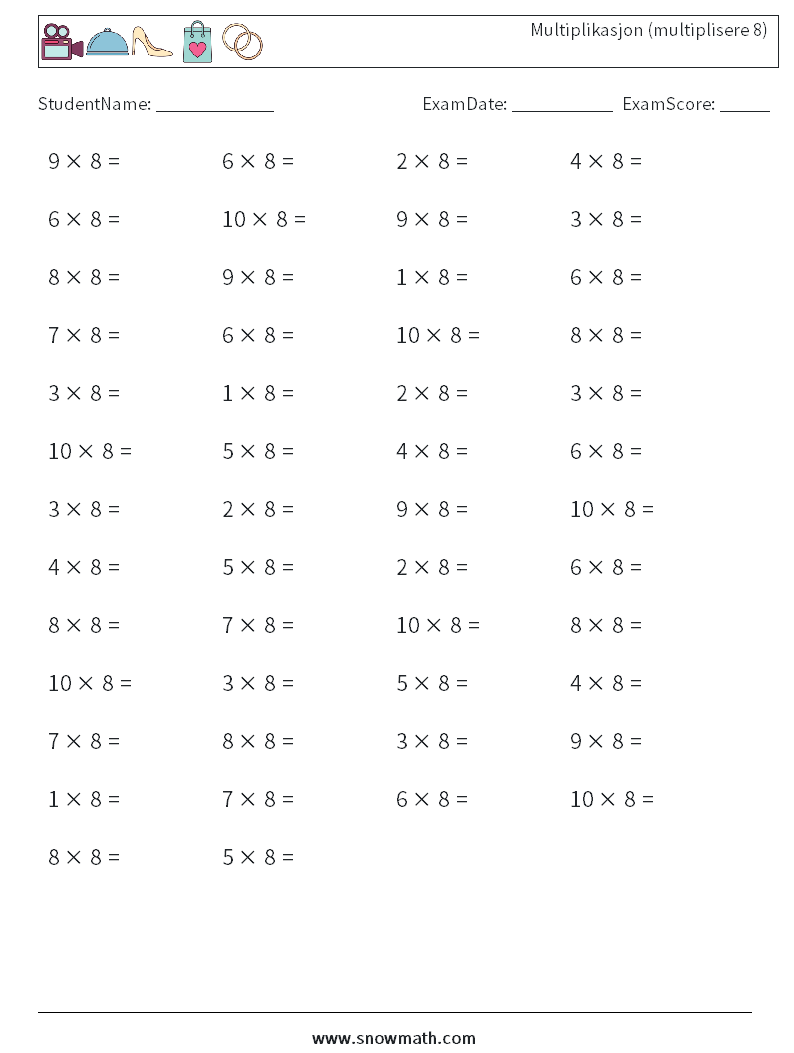 (50) Multiplikasjon (multiplisere 8)