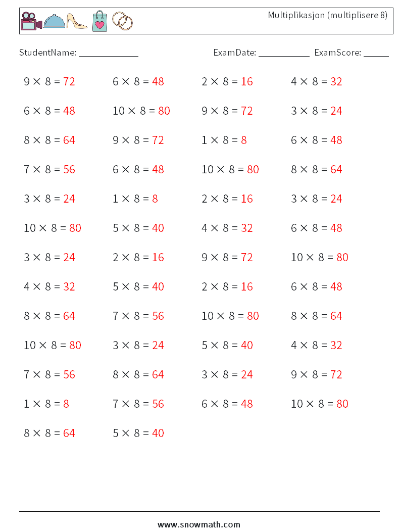 (50) Multiplikasjon (multiplisere 8) MathWorksheets 1 QuestionAnswer