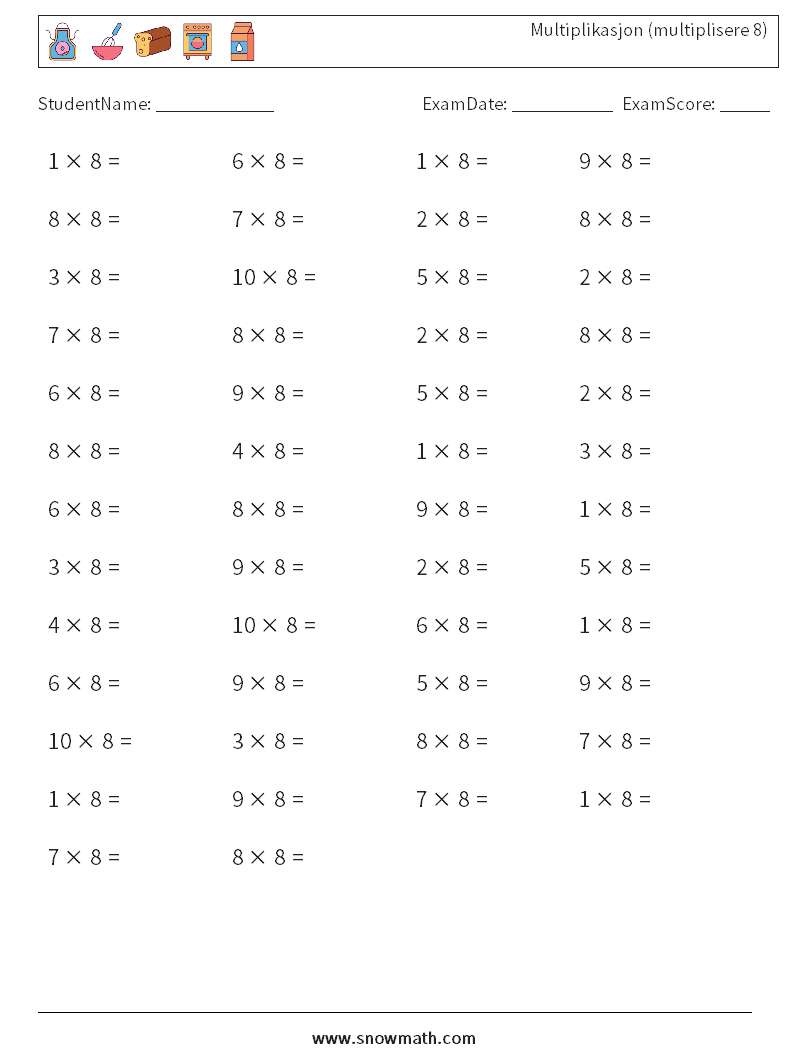 (50) Multiplikasjon (multiplisere 8) MathWorksheets 2